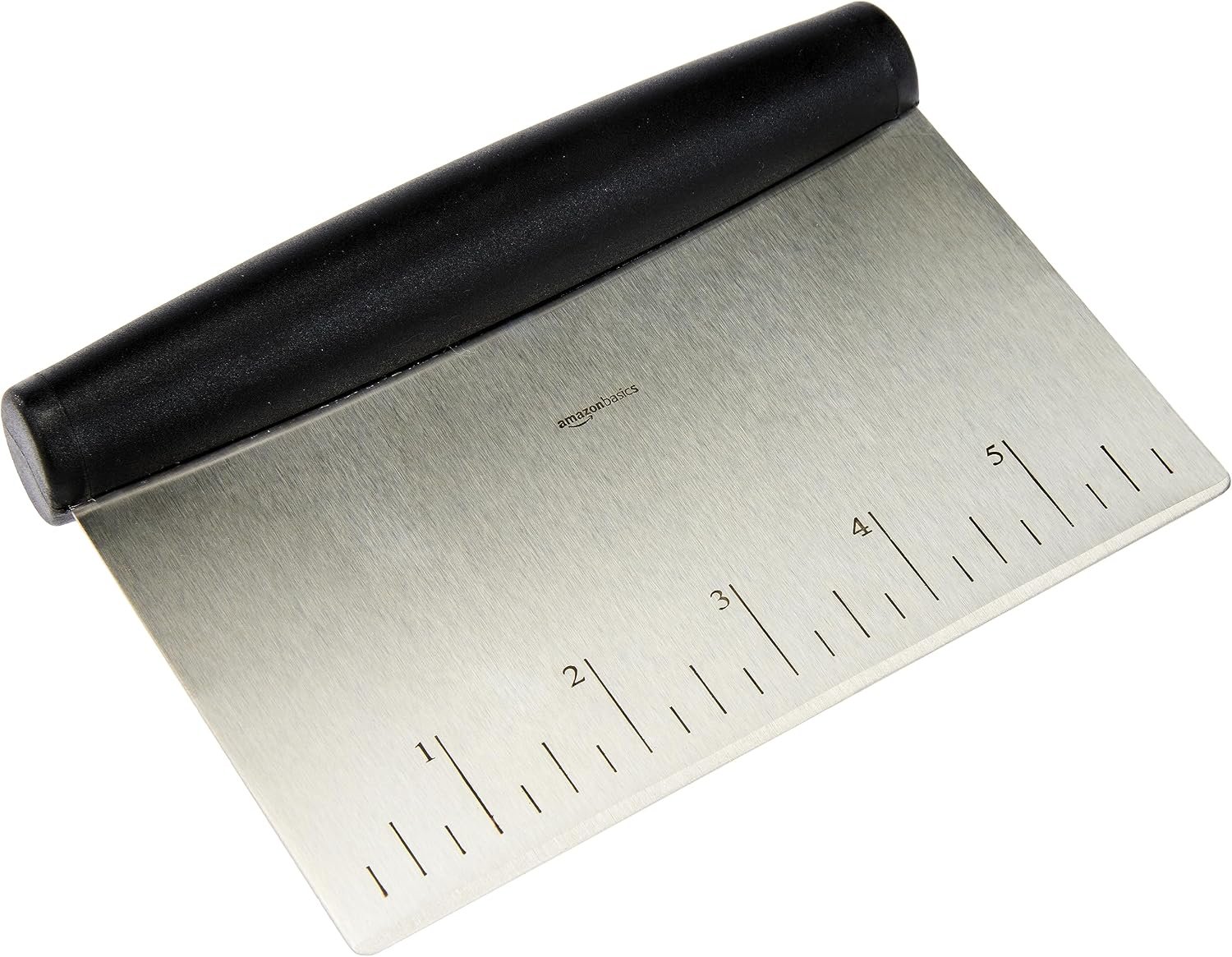 Amazon Basics Multi-Purpose Bench Scraper, Stainless Steel Dough Cutter with Measurement Marks, Dishwasher Safe, Non-slip Contoured Grip, 6″, Black, Silver